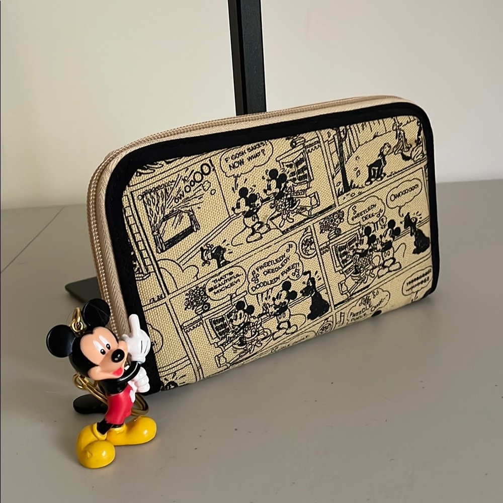 Disney Wallet comic strip cartoon zip around tan black w Mickey Mouse keychain